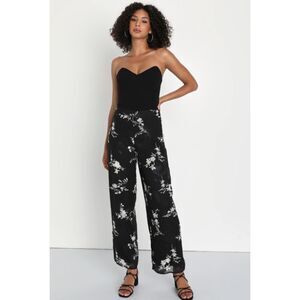 Lulus Pants M Women's Black White Floral Woven Wide Leg Lined Ankle Length Chic
